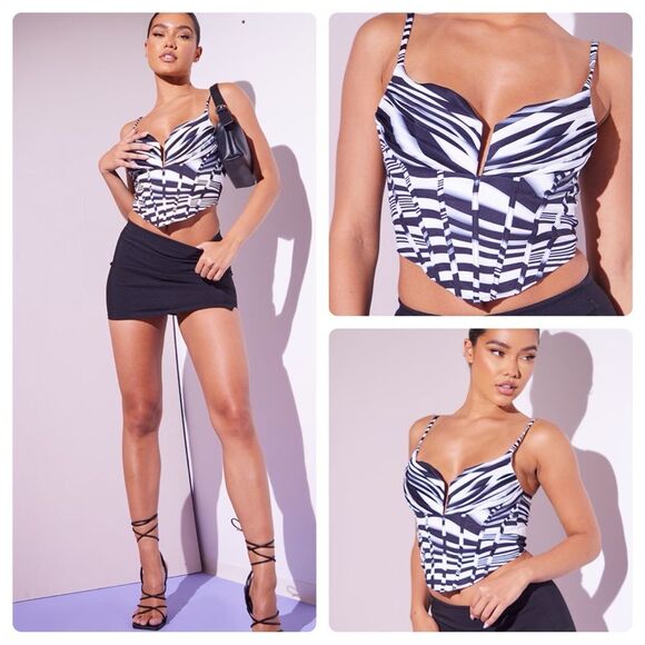 PrettyLittleThing Black Printed Strappy Pleated Corset Detail Crop Top Size 6 - Picture 1 of 10